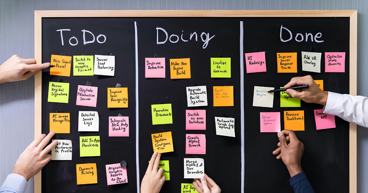 カンバンボードでタスクの優先順位を整理しているイメージ