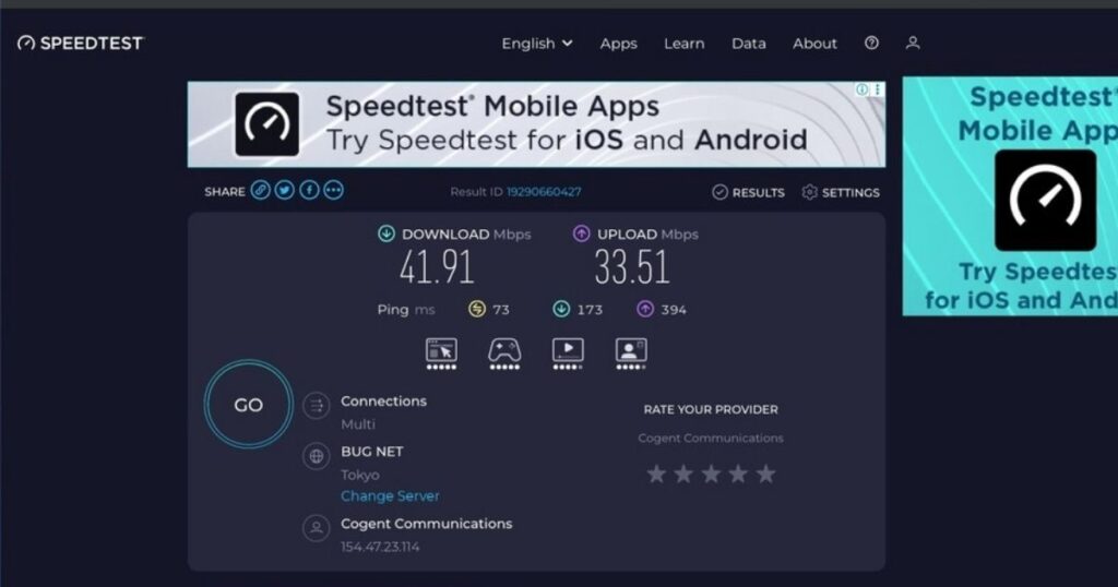 ホテルリブマックス新横浜のWi-Fi通信速度測定結果(下り41.91Mbps・上り33.51Mbps)